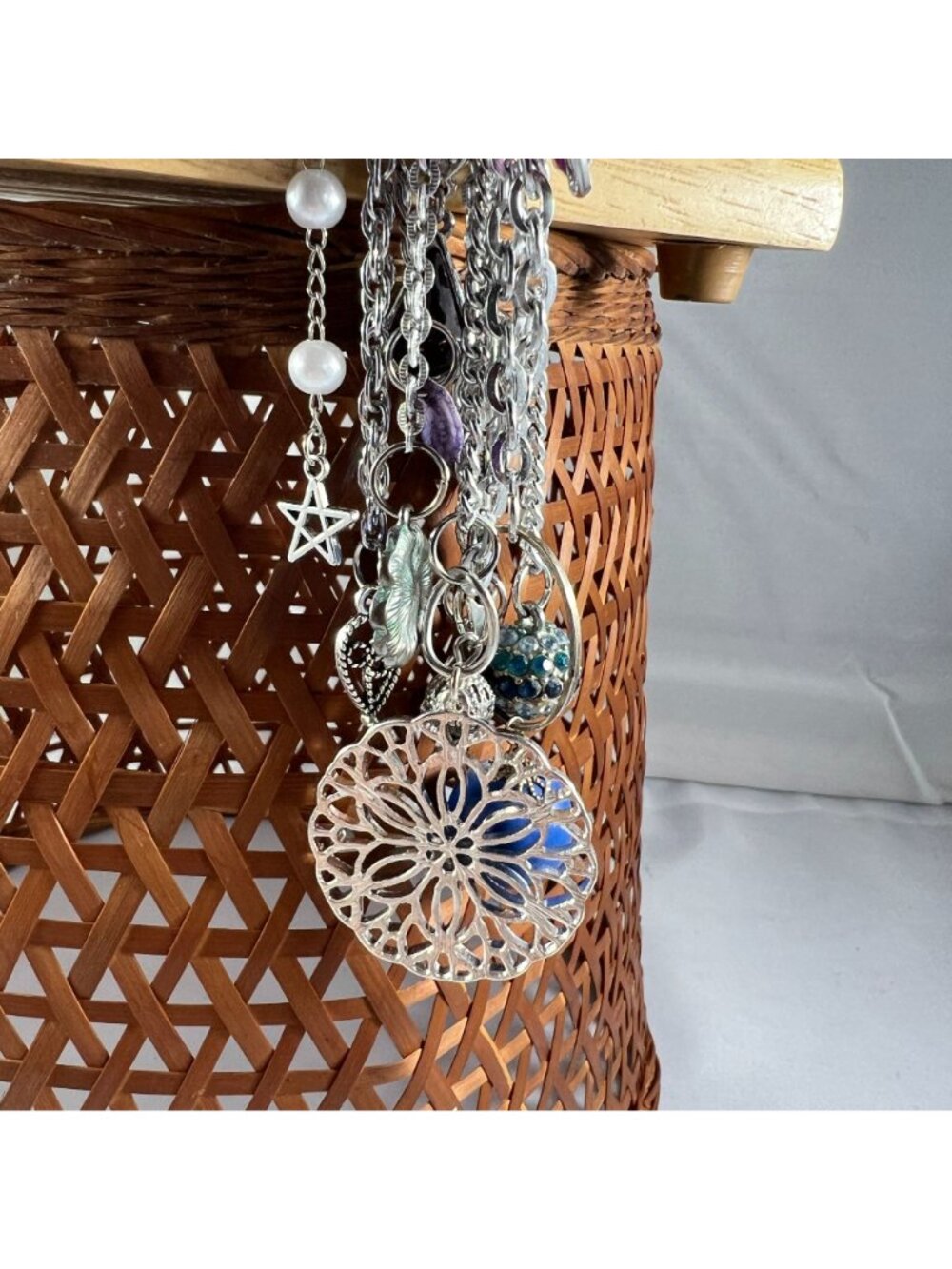 Silver Tone Multi-Chain Keychain Charm With Beads Pearls & Filigree Flower Penda - Picture 3 of 5